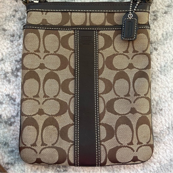 Coach Signature Stripe Swingpack Khaki Brown Leather Crossbody #F06016 - Picture 15 of 16